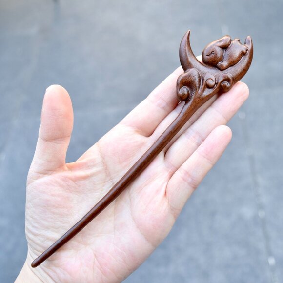 【SOLD】Moon Rabbit Wood Hair Stick - Chinese Hairpin - Picture 3 of 6